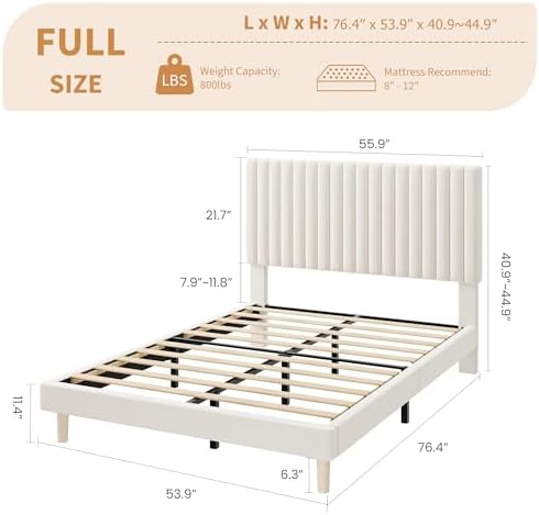 IDEALHOUSE Full Size Bed Frame with Adjustable Headboard, Velvet Upholstered Platform Bed, Vertical Channel Tufted, Strong Wooden Slats, No Box Spring Needed, Easy Assembly, Beige - 1
