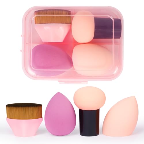 AUAUY 4 Set Esponja Maquillaje y Brochas con Estuche, Incluye 2 Esponja, 1 Borla con Forma de Hongo y 1 Brocha de Maquillaje, Makeup Brushes para Base, Polvos, Ojos, Rubor y Contorno