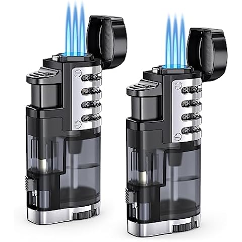 Torch Lighter Butane Refillable Triple Jet Flame Torch Lighters, Windproof Adjustable Flame Butane Torch Lighter with Punch 2 Pack (Without Fuel) Cover