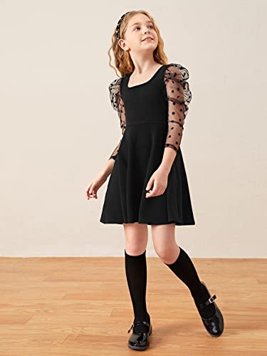 Wdirara Girl's Polka Dots Mesh Puff Long Sleeve Ruffle Hem A Line Dress Black 8Y #TOP4