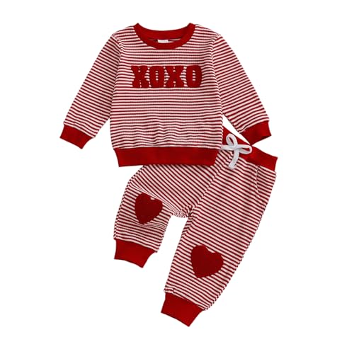 MERSARIPHY Toddler Baby Boy Girl Halloween Outfit Long Sleeve Stripes Pumpkin Sweatshirt Pants Set Infant Fall Winter Clothes (Red XOXO, 6-12 Months)