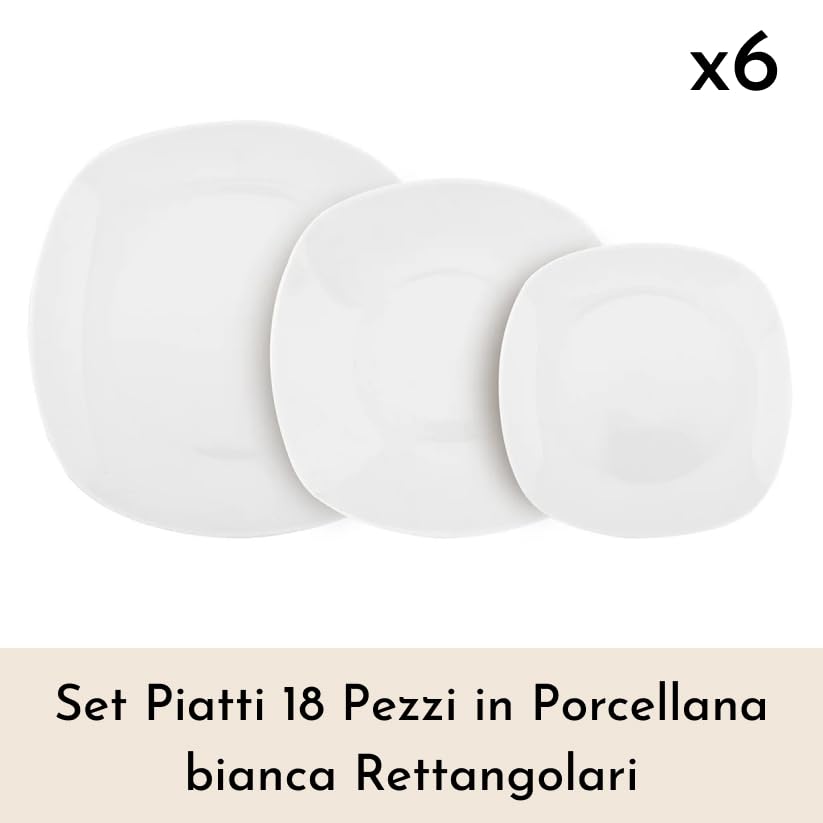 Set Piatti 6 Persone, Servizio Piatti 18 Pezzi, in New Bone China, Piatti Piani 24 cm + Piatti Fondi 22 cm + Piatti Frutta 19 cm, adatto Microonde e Lavastoviglie