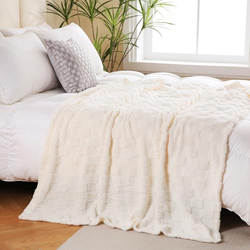 Linecooo Cream White Fleece Throw Blanket 60”×80”Checkered Design for Couch