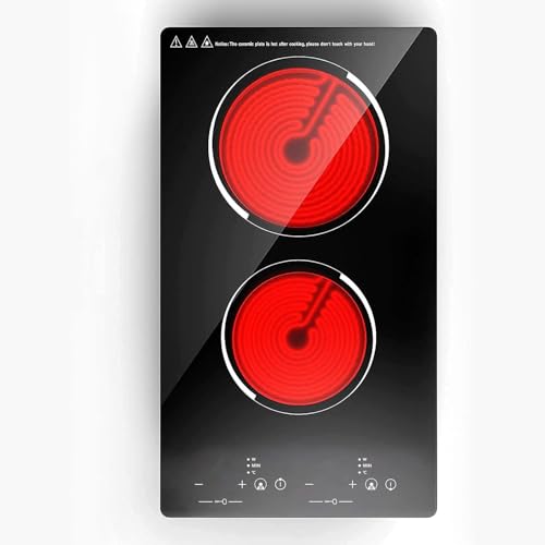Bokknppo 2 Burner Electric Cooktop Electric Stove Top Induction Cooktop Counter top Burner Built-in Electric Ceramic Stovetop Smooth Surface Glass 9 Heating Level Safety Lock,1500W(No Plug)