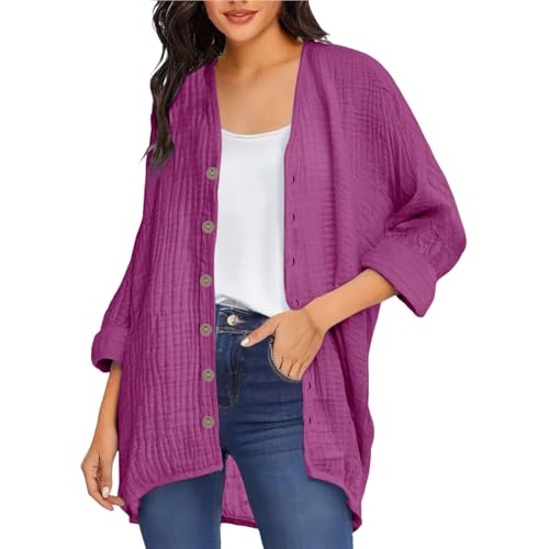 Chaqueta de algodón y lino fina tipo blusa larga con manga 3/4 y botones para verano