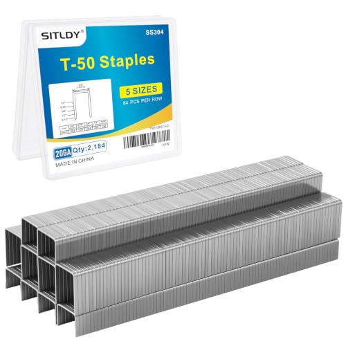 Image of Heavy Duty T-50 304 Stainless Steel Staples 2184-Count 5 Sizes | Sizes: 1 /4 inch, 5 /16 inch, 3 /8 inch, 1 /2 inch, 9 /16 inch Assorted Size Project Pack fit Pneumatic & Electric T50 Stapler for Outdoor Decoration