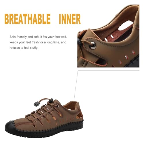 Stylish Summer Breathable Sandals for Men - Handmade Leather Anti-Slip Flat Closed Toe Waterproof Walking Shoes(Khaki,41)3