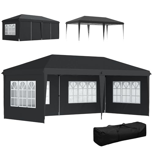 Outsunny Tonnelle de Jardin extérieure Pop-up Pliante - Tente de réception - 3 x 6 m - pavillon chapiteau Barnum - 3 cotés démontables - piquets d'ancrage au Sol + Sac de Transport Inclus Noir