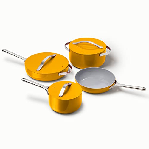 Caraway Nonstick Ceramic Cookware Set (12 Piece) Pots, Pans, Lids And Kitchen Storage - Non Toxic, Ptfe & Pfoa Free - Oven Safe & Compatible With All Stovetops (Gas, Electric & Induction) - Marigold #TOP1