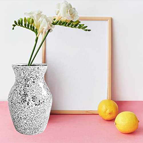 Essguo Mosaic Glass Vase, Mirrored Handcrafted Cracked Vase, 8 Inches Decorative Shine Vase Perfect For House Decor, Room Decoration, Wedding, Party, Gift (Silver) #TOP6
