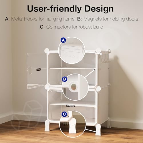 Image of BOXJOY 4 Shelf White Shoe Rack with 2 Transparent Doors, Magnets and 5 Hook Steel Holder for Home Storage Box Organizer, Hard PET Plastic with Metal Door Frame, Shoe Chappal Slipper Sandals Stand