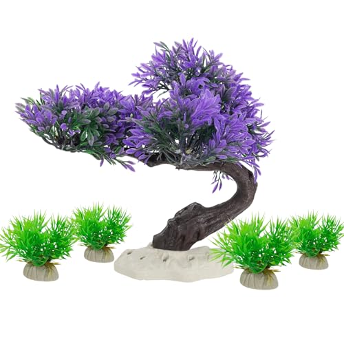 Image of Fish Tank Decorations 5.5 Inch Artificial Plastic Plants Bonsai Tree Purple