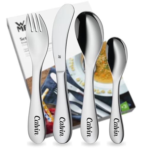 WMF Kinderbesteck mit Namensgravur, Edelstahl, 4-teilig, spülmaschinengeeignet, Geschenk zur Taufe, Taufgeschenke für Mädchen und Jungen,...