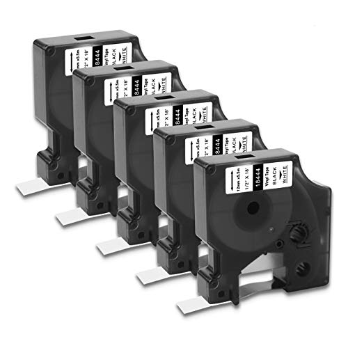 Compatible with Dymo Rhino 5200 4200 6000 Industrial Vinyl Labels Compatible with Dymo Rhino Permanent Vinyl Industrial Label Tape, Black on White, 12mm x 5.5m, 5 Pack 18444 Label Tape 1/2 Inch