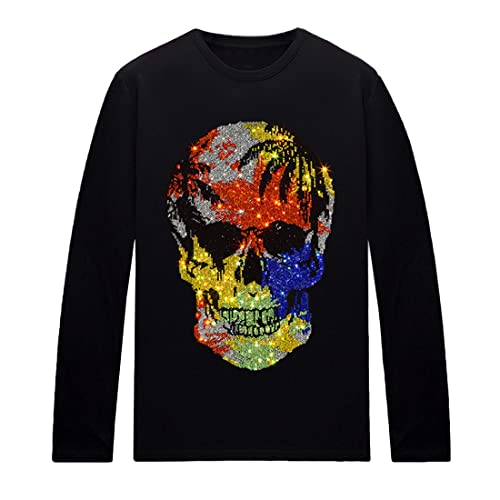HZCX FASHION Men Womens Graphic Tees Long Sleeve T-Shirt Funny Rhinestone Shirts(Color Skull Black,Women Medium)
