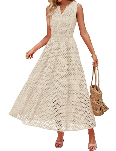 ZESICA Womens 2026 Summer Sleeveless Maxi Dress Casual V Neck Hollow Out Eyelet A Line Flowy Party Long Dresses Apricot Small