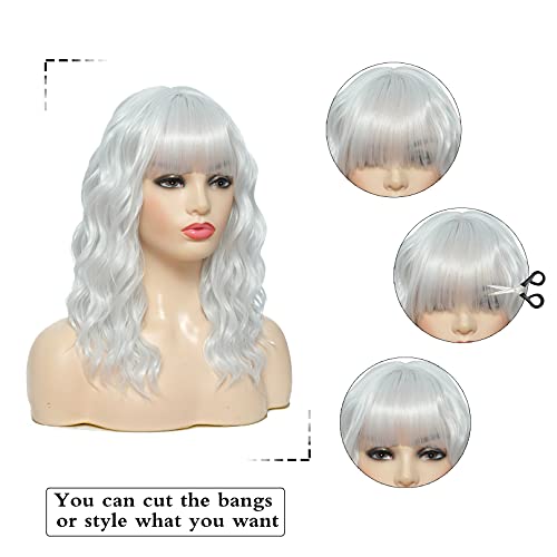 Tophr White Wig Wavy For Women 16 Inch Curly Wavy White Wigs With Bangs Shoulder Length Natural Looking Synthetic Heat Resistant Fiber Wig For Daily Party Use #TOP3