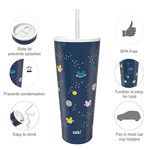 Zak Designs Disney Mickey Mouse Vacuum Insulated Stainless Steel Travel Tumbler With Splash-Proof Lid, Includes Reusable Plastic Straw And Fits In Car Cup Holders (18/8 Ss, 25 Oz, Space) #TOP7