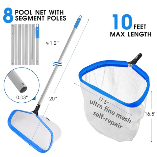 TidyMister Pool Cleaning Kit Full Set - 17.5'' Self-Repair Pool Nylon Net Ultra Fine Mesh & 17.5'' Detachable Round End Pool Brush & 10 Ft Pool Pole with Hook, for Above Ground In-ground Pools, Spas - Thumbnail 2