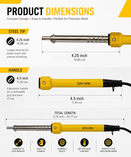 Image of Multi Purpose Soldering Iron, 220V-60W, Fast Heating, Steel Tip, Yellow, 24.77 cm, for Electronics, DIY Projects