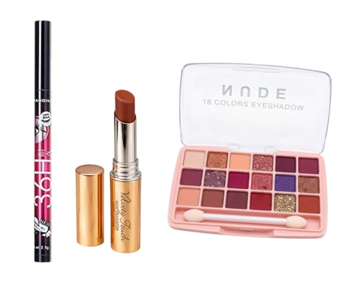 3-in-1 Makeup Kit – 18 Colors Nude Eyeshadow Palette with Shimmer & Matte Shades, Velvety Touch Non-Transfer Matte Lipstick & 36H Waterproof Precision Liquid Eyeliner – Complete Beauty Gift Set for Women