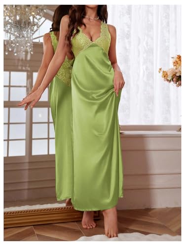 Image of WDIRARA Women's Satin Sleepwear Nightgown | Lace, Backless, Deep V Neck, Sleeveless, Long