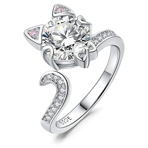 JewelryPalace Sweet Cat Pink Cubic Zirconia Rings for Women, Bow 14K White Gold 925 Sterling Silver Open Adjustable Ring for Her, CZ Gemstone jewelry Sets Rings Cover