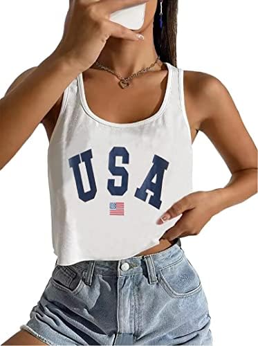USA Flag Crop Tank for Womens 4th of July Patriotic Graphic Tanks Summer Sleeveless Shirt Tops(White,Small)