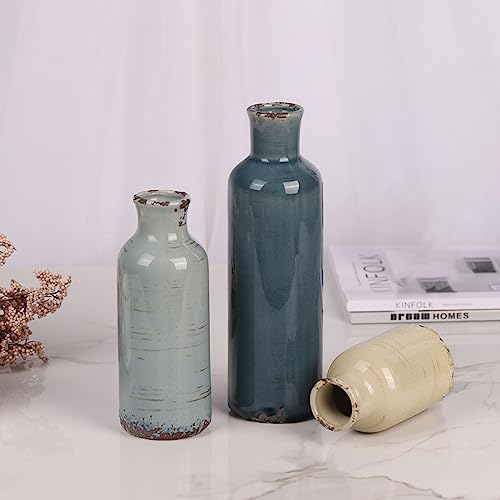 Image of Multicolor Ceramic Vase Set of 3 - Coastal Rustic Farmhouse Decor Flower Vases for Shelf, Dining Room Table, Fireplace Mantel, Living Room, Coffee Table, Tabletop, Kitchen Cabinet, Entryway Decoration