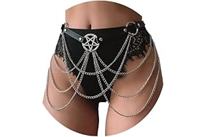 Goth Black Leather Chain Belt with Punk Charms and Pentagram