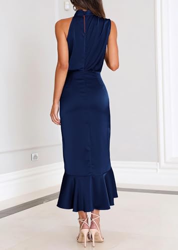 Image of KIRUNDO Women's Summer Satin Mock Neck Wedding Guest Dress | Party Cocktail Midi Dress, 2026 Spring Fashion, Silky, Elegant Classy Halter High Neck, Sleeveless Wrap Ruffle Formal Dress