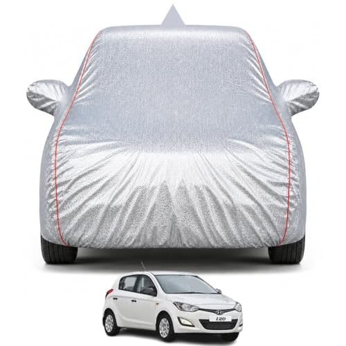Image of Premium Car Cover for Hyundai's i20 2014-2017 Models | Waterproof, UV & Dust Protection | Mirror & Antenna Pocket | Triple Stitched, Soft Inner Lining, Belt & Buckle (Metalic Silver)