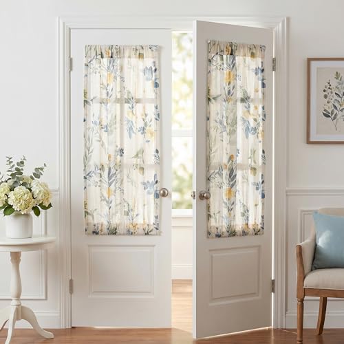 Image of MYSKY HOME Floral Linen Door Curtains Blue Farmhouse Semi Sheer 2 Panels