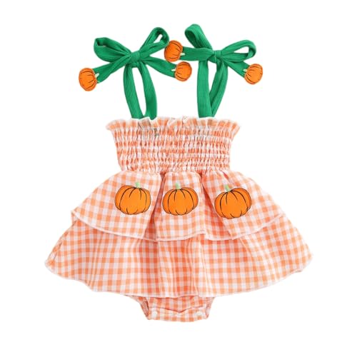 Suolongsama Newborn Baby Girl Halloween Romper Dress Pumpkin/Ghost Embroidery Sleeveless Smocked Bodysuit Halloween Clothes