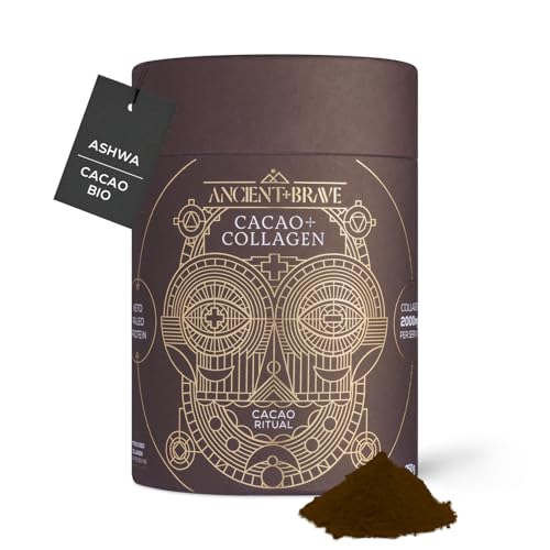 Ancient + Brave - Cacao + Collagen – Cacao Puro de Perú con Péptidos de Colágeno Hidrolizado en Polvo, 250 g - Colágeno Bovino Alimentado de Pastos – Con Ashwagandha y Baobab, Alto en Proteínas, Keto