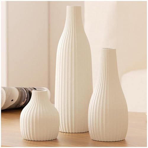 Minimal Line White Ceramic Vase Set of 3 - Modern