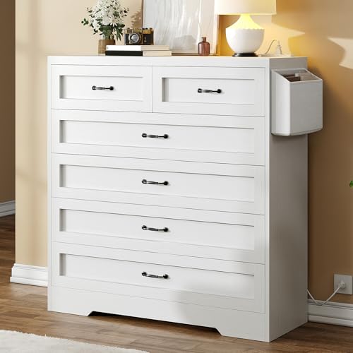 DWVO White 6 Drawer Dresser, 31.5