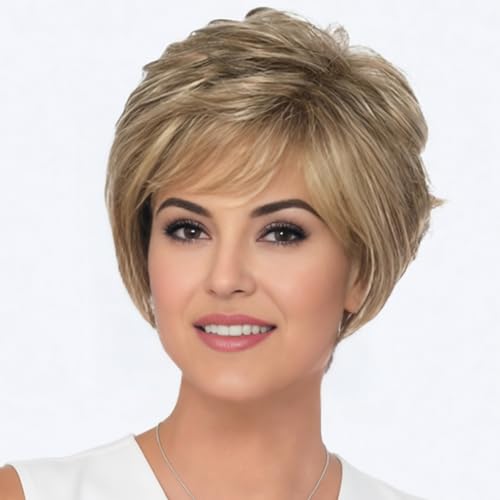 XIUFAXIRUSI XIUFAXIRUSI Highlight Short Curly Brown Wigs for White Women Pixie Cut Gold Brown Wig Heat Resistant Synthetic Short Hair Wig with Bangs for Daliy