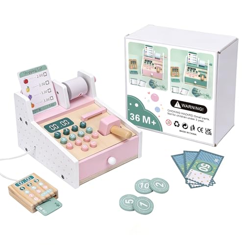 Gecheer Wooden Cash Register Toy with Scanner Play Money Shopping Cards Educational Role Play Set for Kids