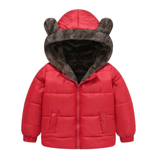 Abrigo de invierno para niños y niñas, con orejas de oso, chaqueta con capucha, forro polar, grueso, a prueba de viento, cremallera cálida, chaqueta de esquí, 140, rojo, 4-5 años