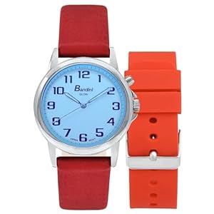Bandini Glow Watch Set – Leather & Extra Silicone Band – 38mm Analog Easy to Read Wrist Watch with Light, Light Up Watches, White Dial, Big Numbers, Glow in Dark Hands, Quick Release Bands