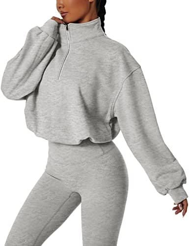 Dqbeng Womens Half Zip Pullover Long Sleeve Sweatshirt Drawstring Loose Workout Athletic Crop Tops Y2k Hoodies(-LightGrey-M)