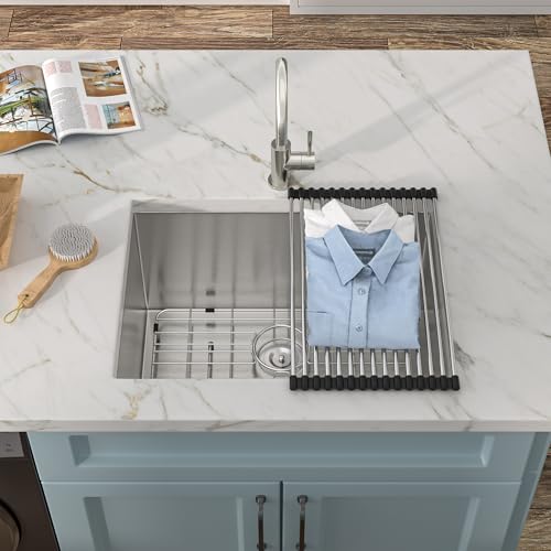 Image of 24 Undermount Laundry Sink - Fulorni 24 inchx18 inch Laundry Room Utility Tub Sink Under Counter 16 Gauge 304 Stainless Steel 12 Inch Deep Single Bowl Basin