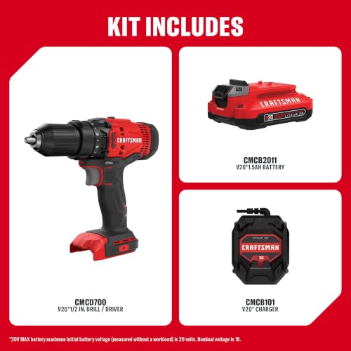 Image of CRAFTSMAN V20 Cordless Drill /Driver Kit, 1 /2 inch, Battery and Charger Included (CMCD700C1)