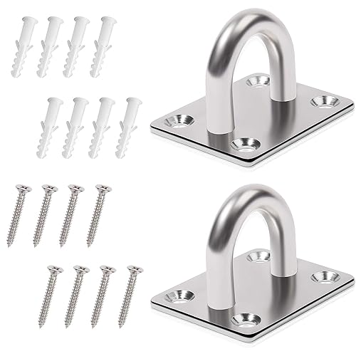 Fokelyi Square Pad Eye Plate, 2 Pcs Stainless Steel Ceiling Hooks with 8 Screws and Plastic Plugs Heavy Duty Pad Eye Plate Metal Suspension U Hooks for Wall Ceiling Hanging