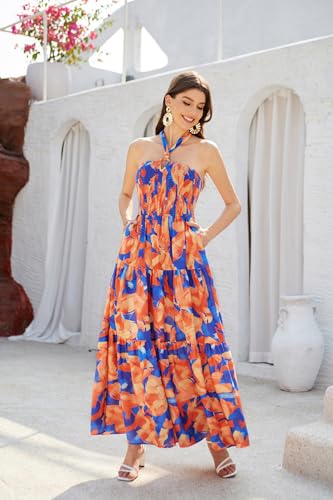 GRACE KARIN Women's Summer Dresses 2025 Halter Neck Sleeveless Smocked Backless Cut Out Floral Flowy A Line Maxi Dress3