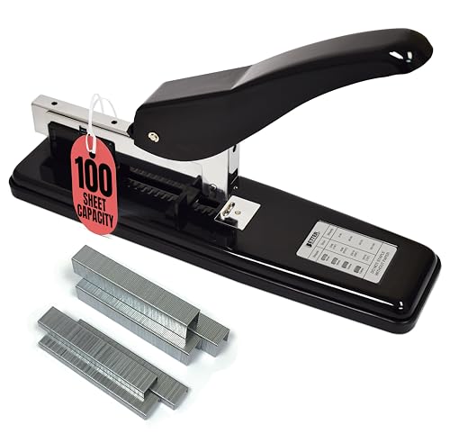 Image of Better Office Products Heavy Duty Commercial Stapler with 2,000 Staples, Black Polished Steel, 100 Sheet High Capacity, Rounded Ergonomic Lever & Weighted Stability Base, Jam Free Large Stapler,
