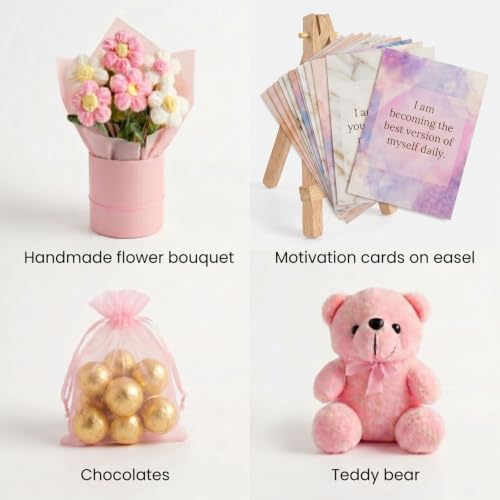 Image of Rakhi Pink Gift Basket Set For Women - Gift With Teddy Bear , Crochet Flower Bouquet, Chocolates and Inspirational Card, Romantic Gift Box for Wife, Girlfriend, Mom, Sister, Behen, Cousin, Raksha Bandhan