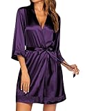 Ekouaer Women's Lace-Trim Silk Robes Bride Bridesmaid Kimono Satin Bathrobe V Neck Sleepwear with 3/4 Sleeve