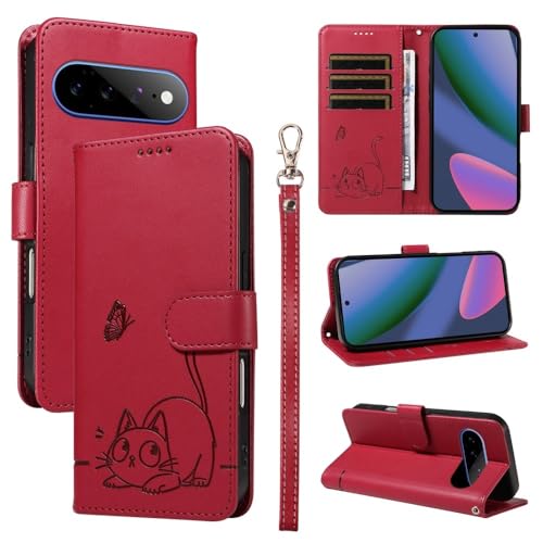 Étui en cuir Google Pixel 9A rouge avec finitions soignées motif CAT papillon